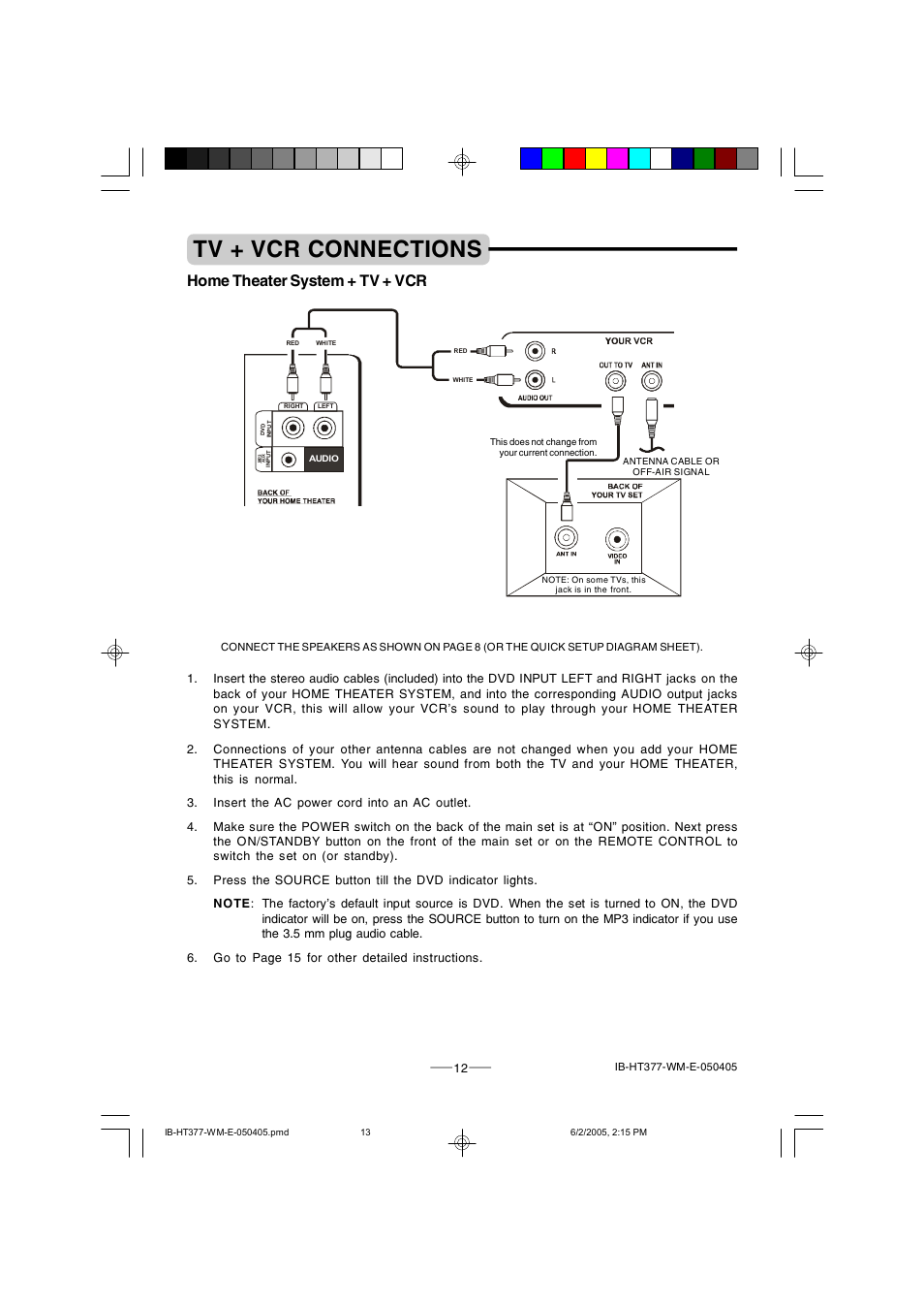 Tv + vcr connections, Home theater system + tv + vcr | Lenoxx Electronics HT-377 User Manual | Page 13 / 19