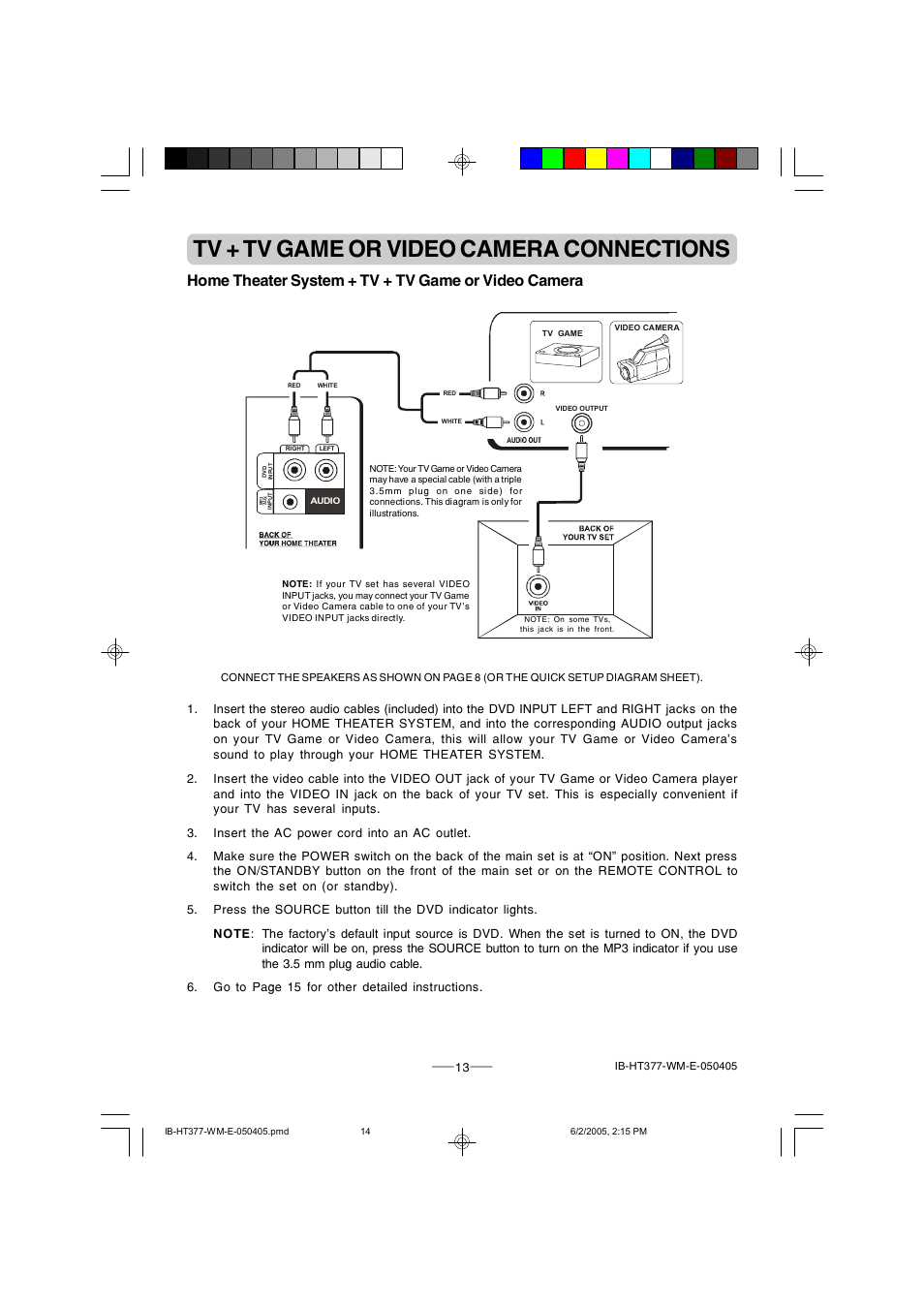 Tv + tv game or video camera connections, Home theater system + tv + tv game or video camera | Lenoxx Electronics HT-377 User Manual | Page 14 / 19