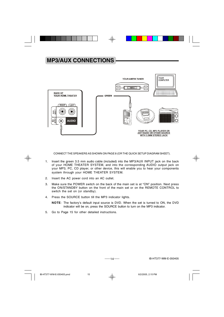 Mp3/aux connections | Lenoxx Electronics HT-377 User Manual | Page 15 / 19