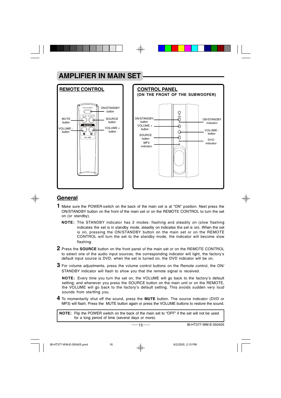 Amplifier in main set, General 1, Remote control control panel | Lenoxx Electronics HT-377 User Manual | Page 16 / 19