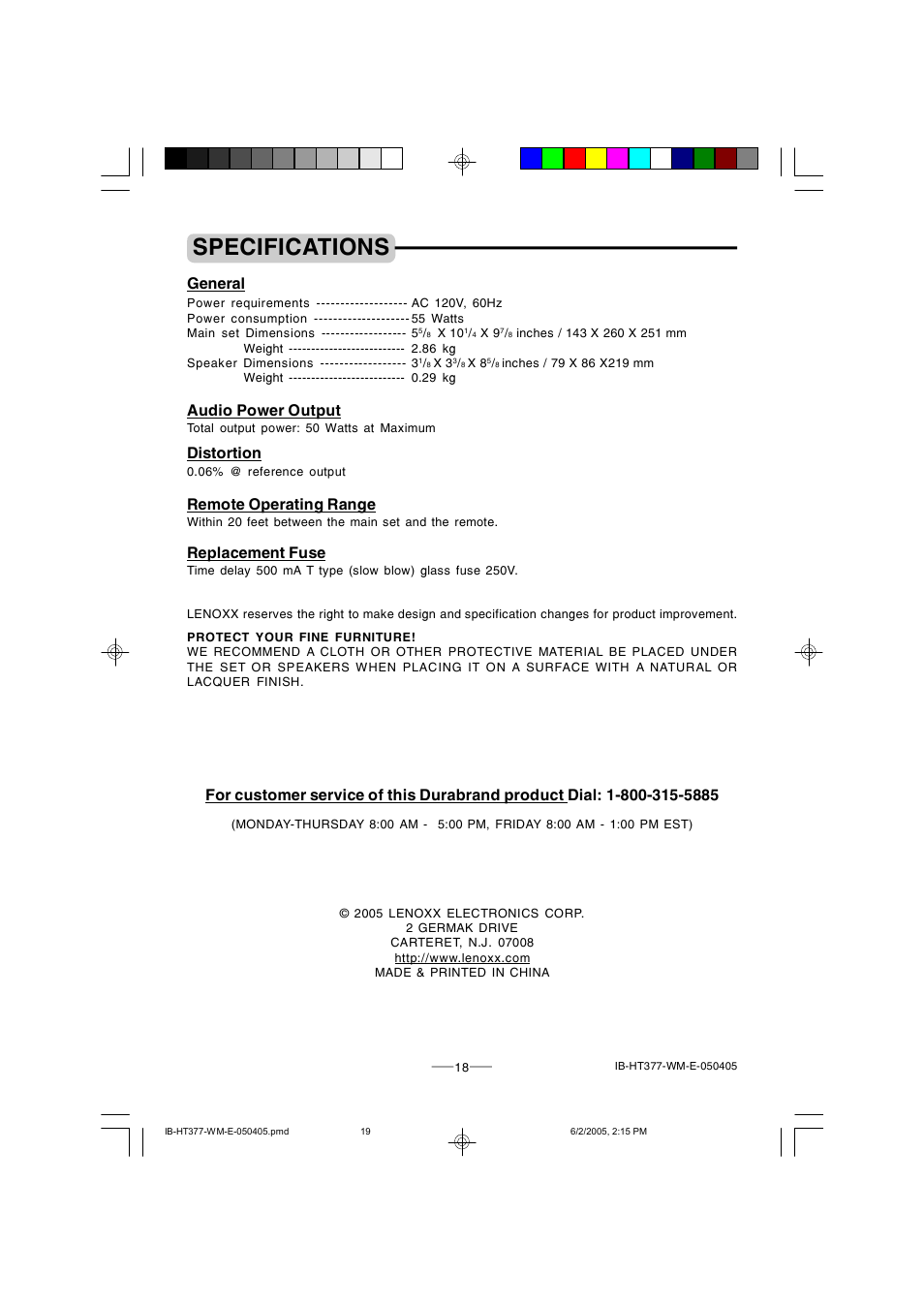 Specifications, General, Audio power output | Distortion, Remote operating range, Replacement fuse | Lenoxx Electronics HT-377 User Manual | Page 19 / 19