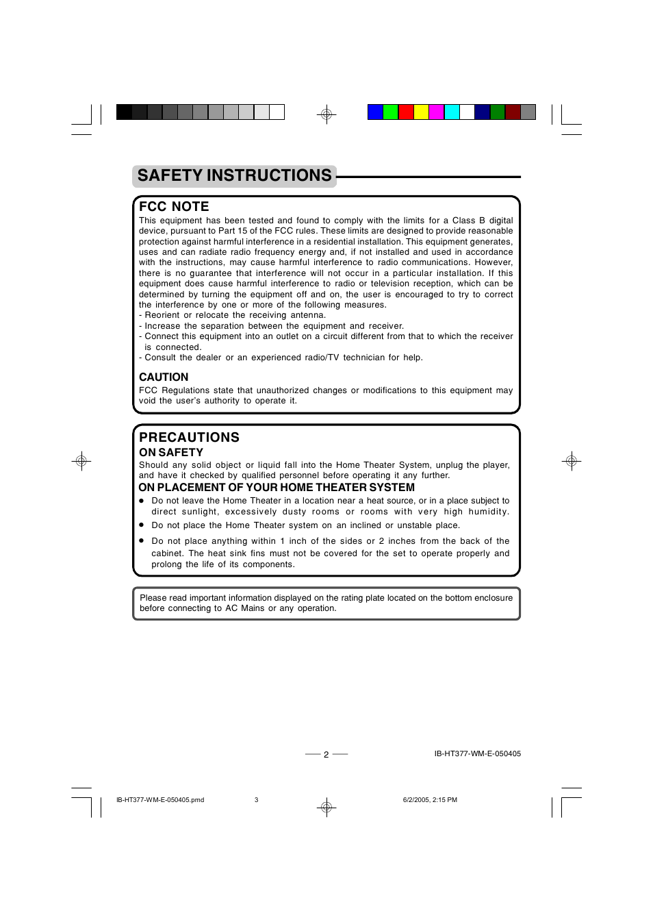 Safety instructions, Precautions | Lenoxx Electronics HT-377 User Manual | Page 3 / 19