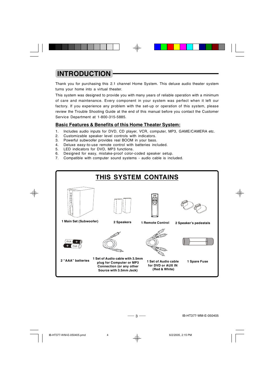 Introduction, This system contains | Lenoxx Electronics HT-377 User Manual | Page 4 / 19