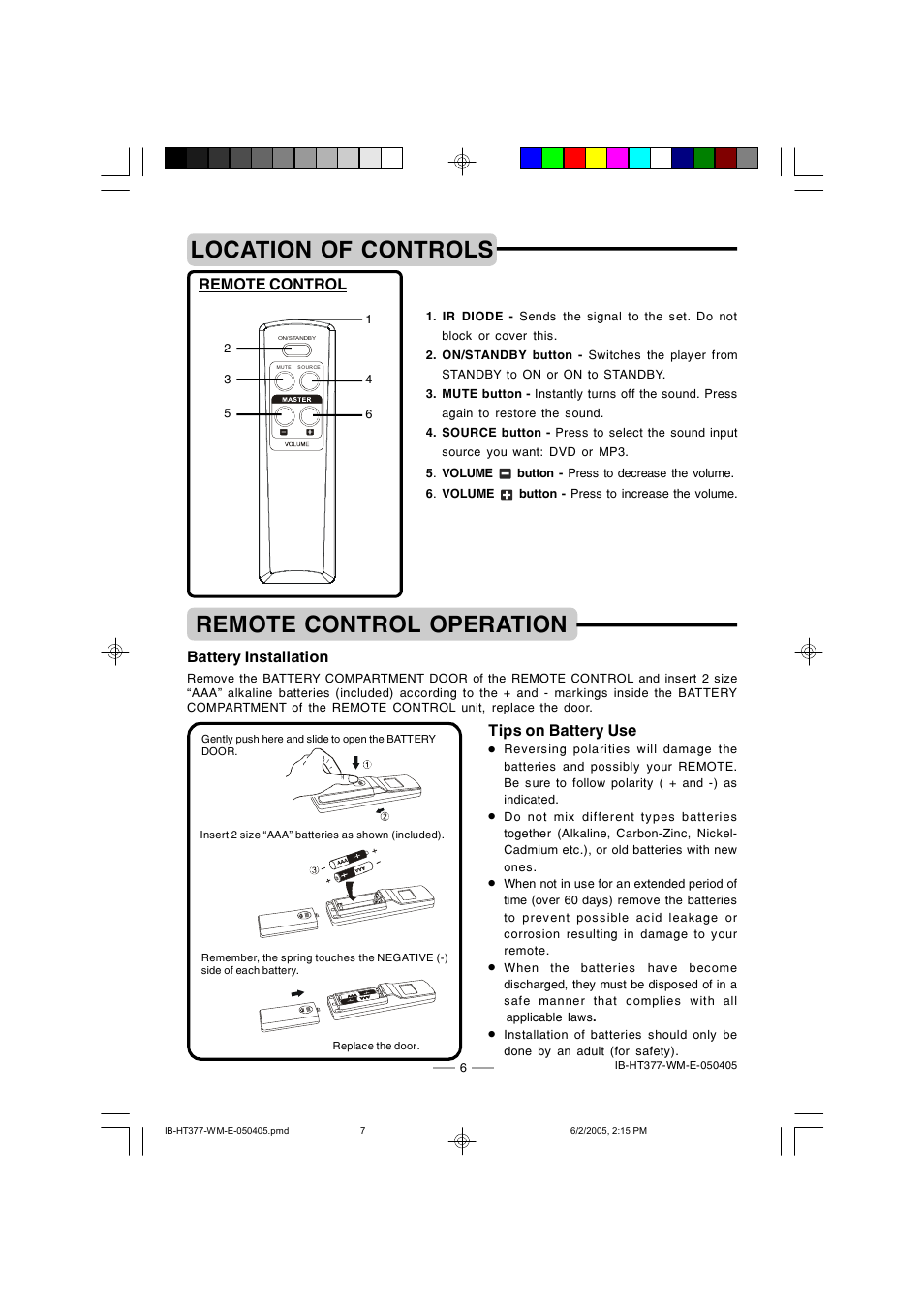 Location of controls, Remote control operation | Lenoxx Electronics HT-377 User Manual | Page 7 / 19