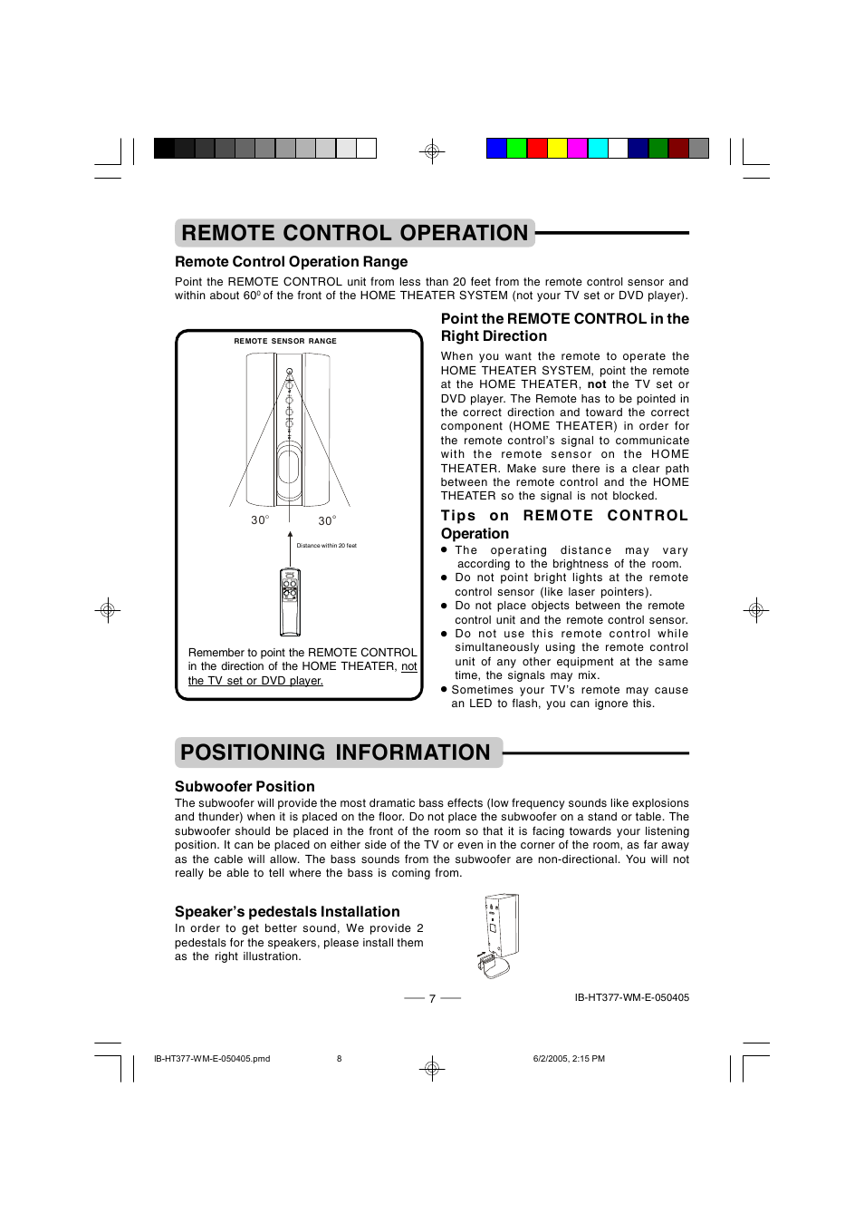 Remote control operation, Positioning information | Lenoxx Electronics HT-377 User Manual | Page 8 / 19