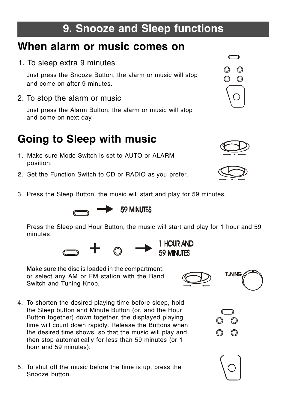 Snooze and sleep functions, Going to sleep with music, When alarm or music comes on | Lenoxx Electronics CDR-190 User Manual | Page 12 / 16