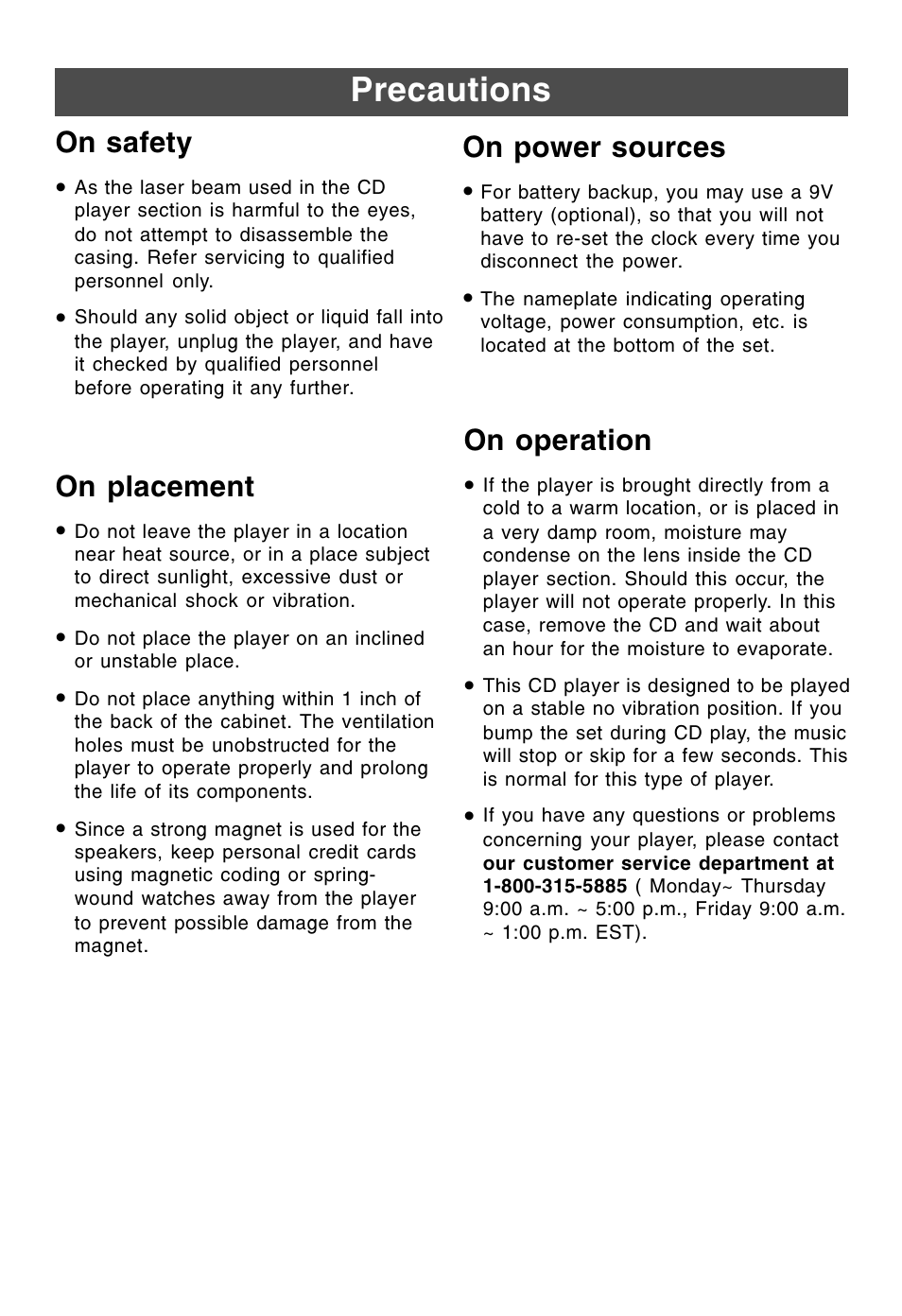 Precautions, On safety, On power sources | On operation, On placement | Lenoxx Electronics CDR-190 User Manual | Page 13 / 16