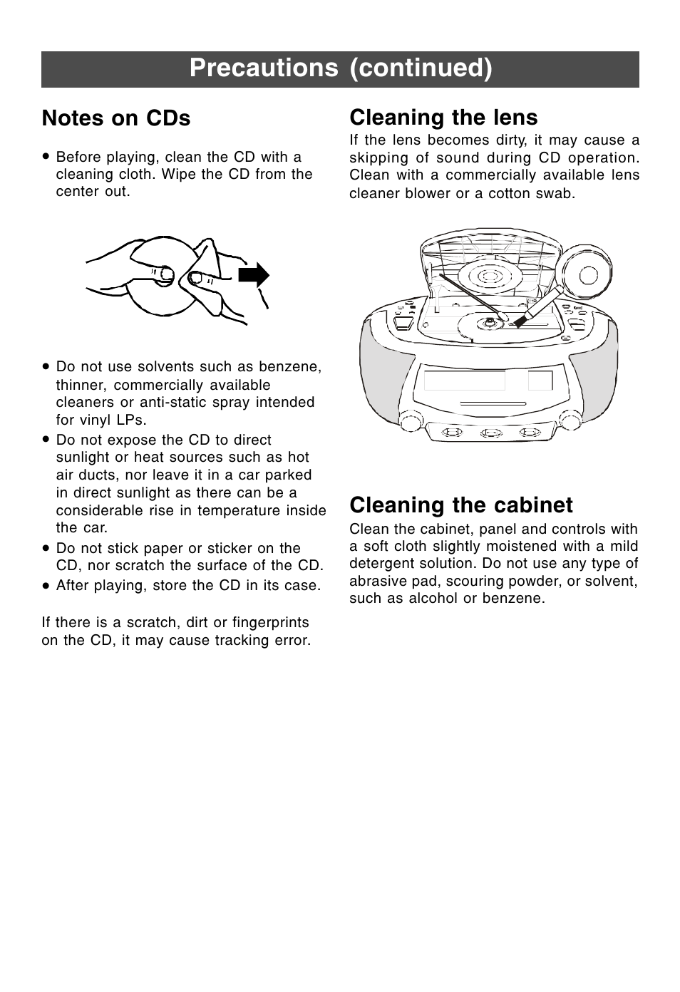Precautions (continued), Cleaning the lens, Cleaning the cabinet | Lenoxx Electronics CDR-190 User Manual | Page 14 / 16