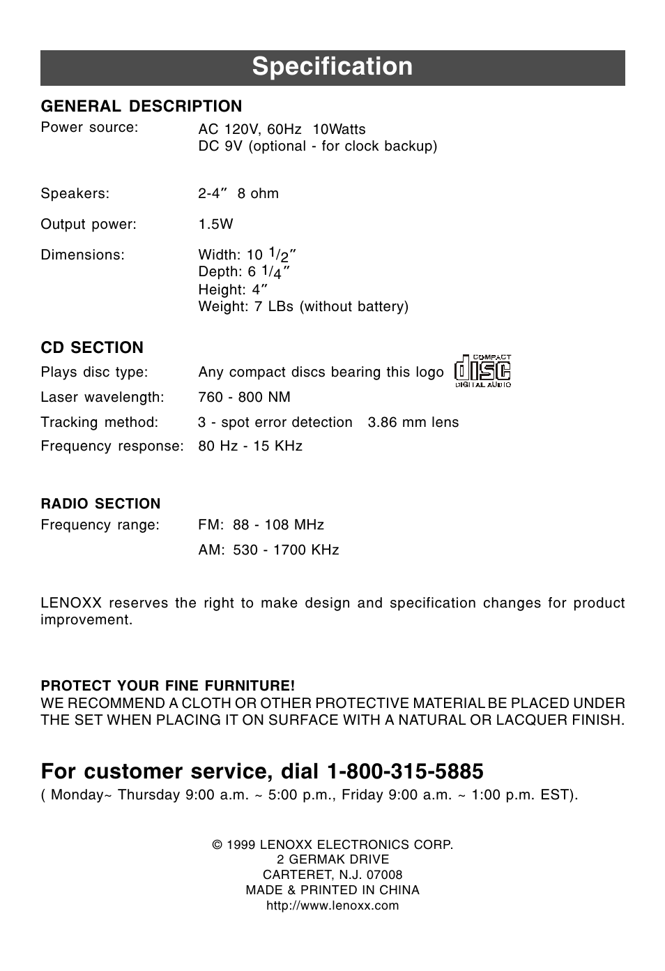 Specification | Lenoxx Electronics CDR-190 User Manual | Page 16 / 16