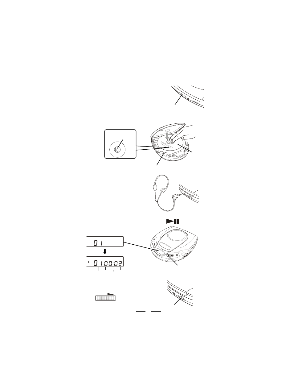 Disc playing, Adjust the volume, Load the disc | Connect the headphones, Press the play/pause button ( ), Slide the cd/radio function switch to cd position | Lenoxx Electronics CD-61 User Manual | Page 5 / 15