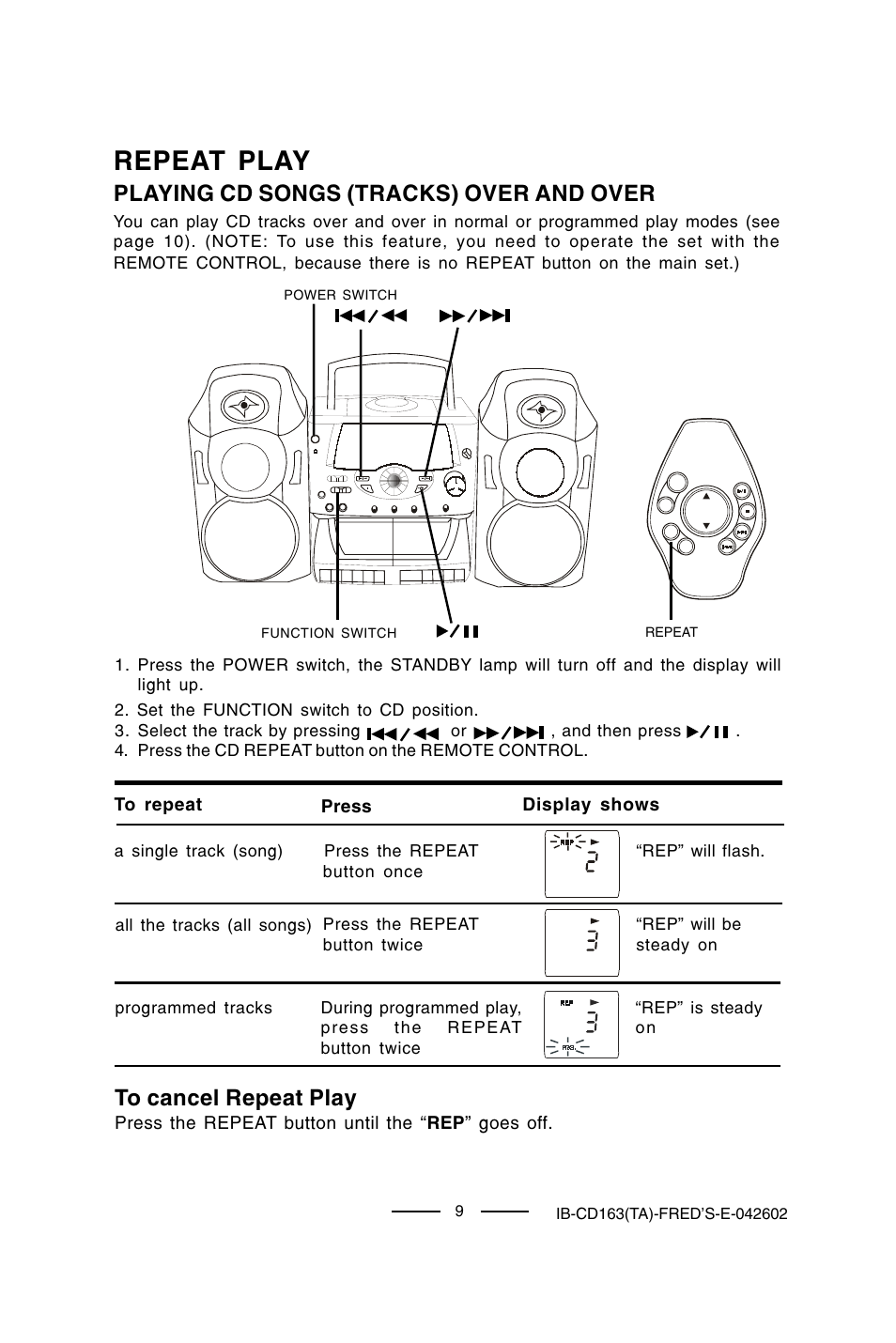 Repeat play, Playing cd songs (tracks) over and over | Lenoxx Electronics CD-163 User Manual | Page 10 / 26