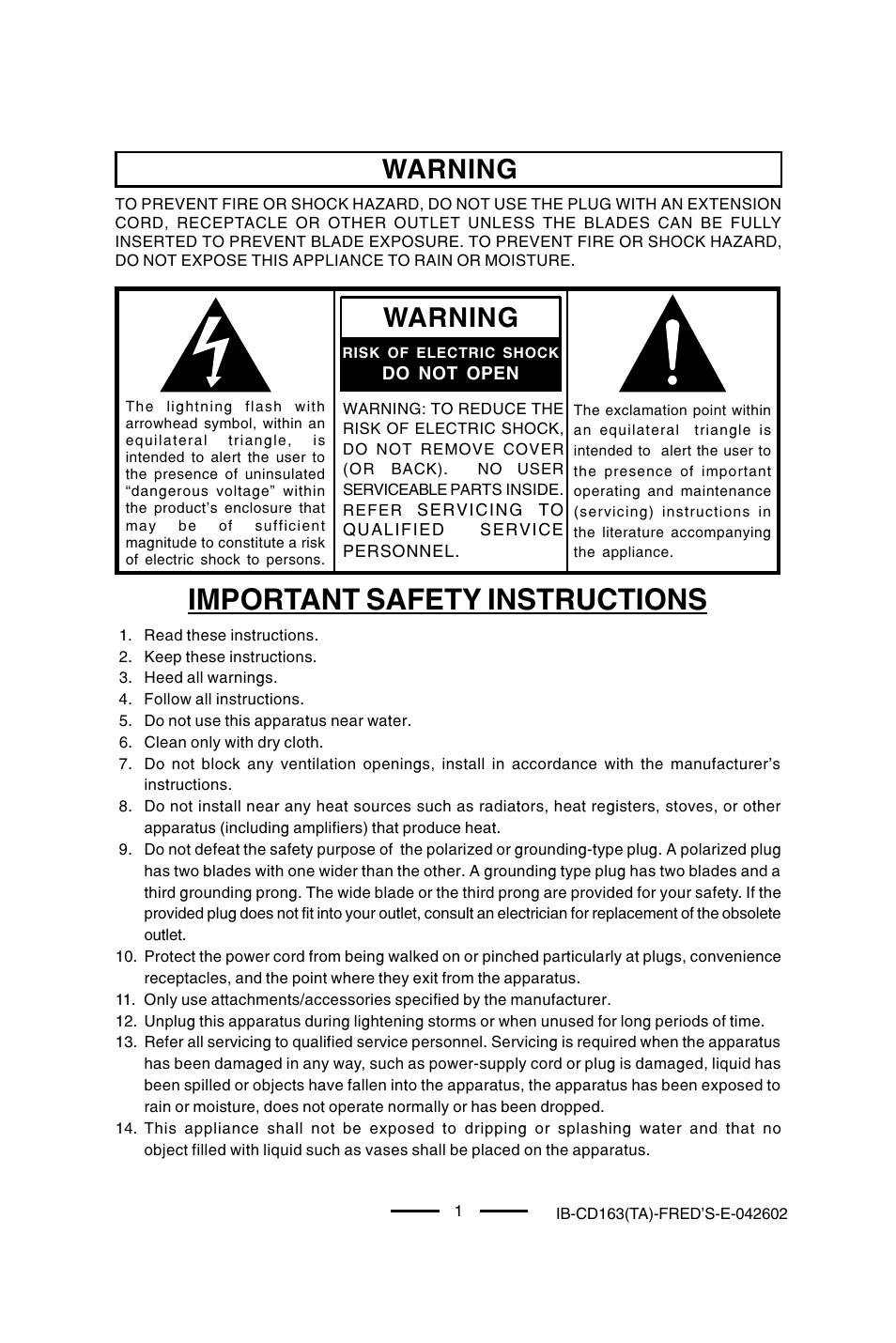 Important safety instructions, Warning | Lenoxx Electronics CD-163 User Manual | Page 2 / 26