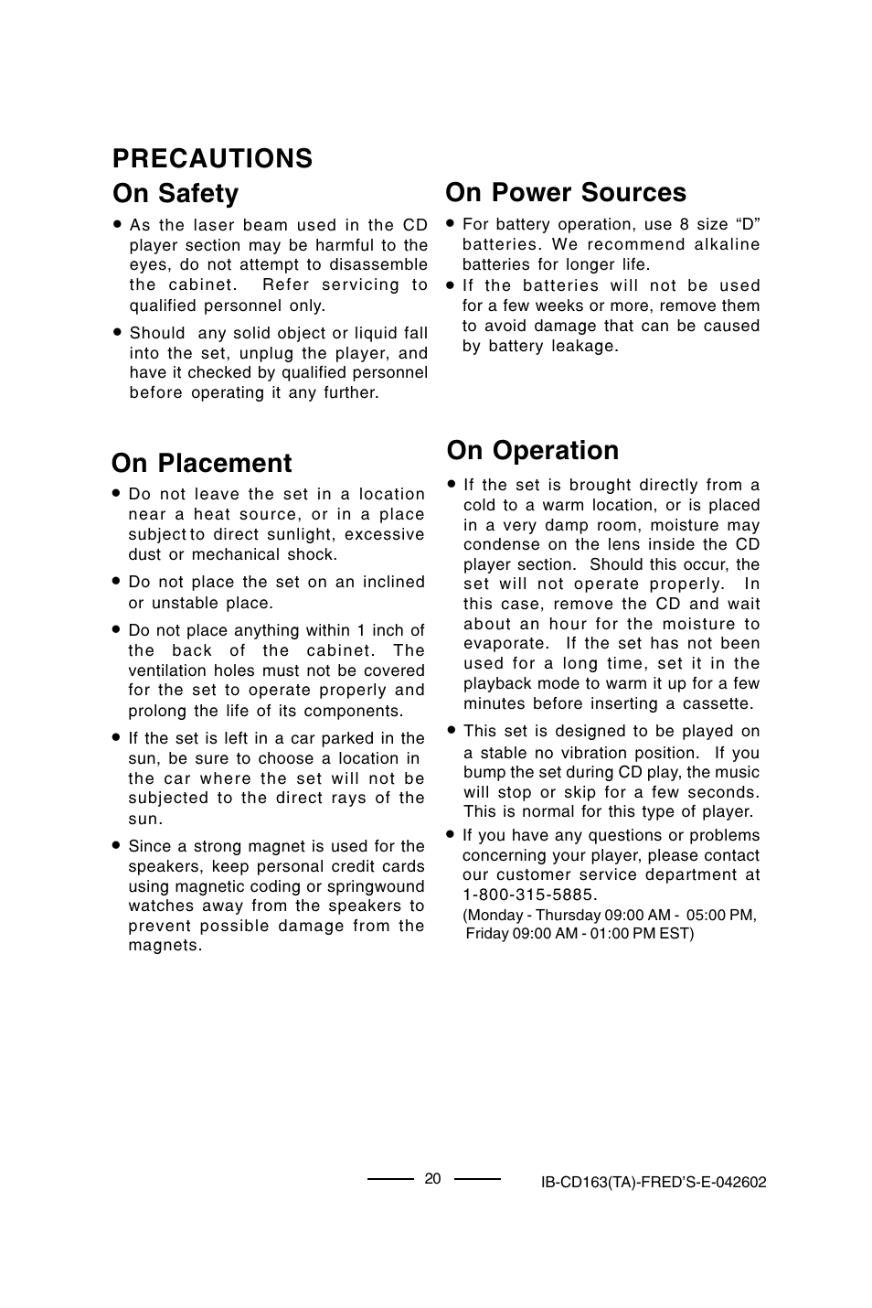 Precautions on safety, On power sources, On operation | On placement | Lenoxx Electronics CD-163 User Manual | Page 21 / 26