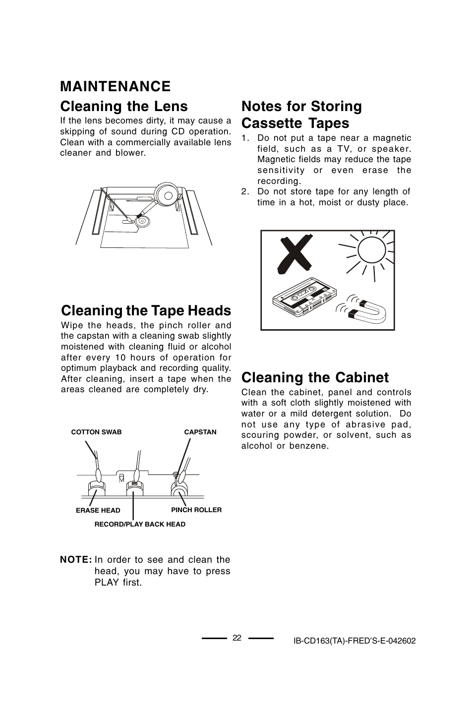 Maintenance cleaning the lens, Cleaning the tape heads, Cleaning the cabinet | Lenoxx Electronics CD-163 User Manual | Page 23 / 26