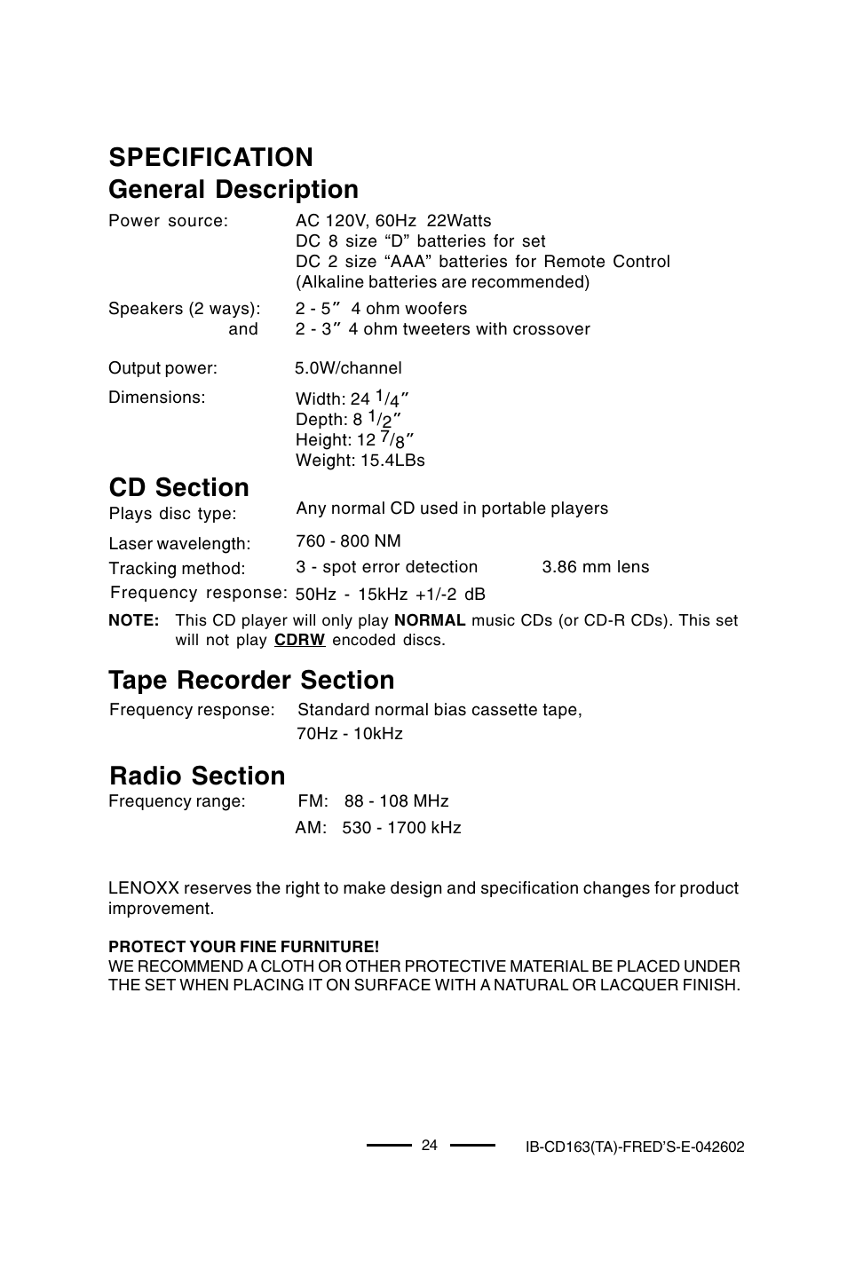 Specification general description | Lenoxx Electronics CD-163 User Manual | Page 25 / 26