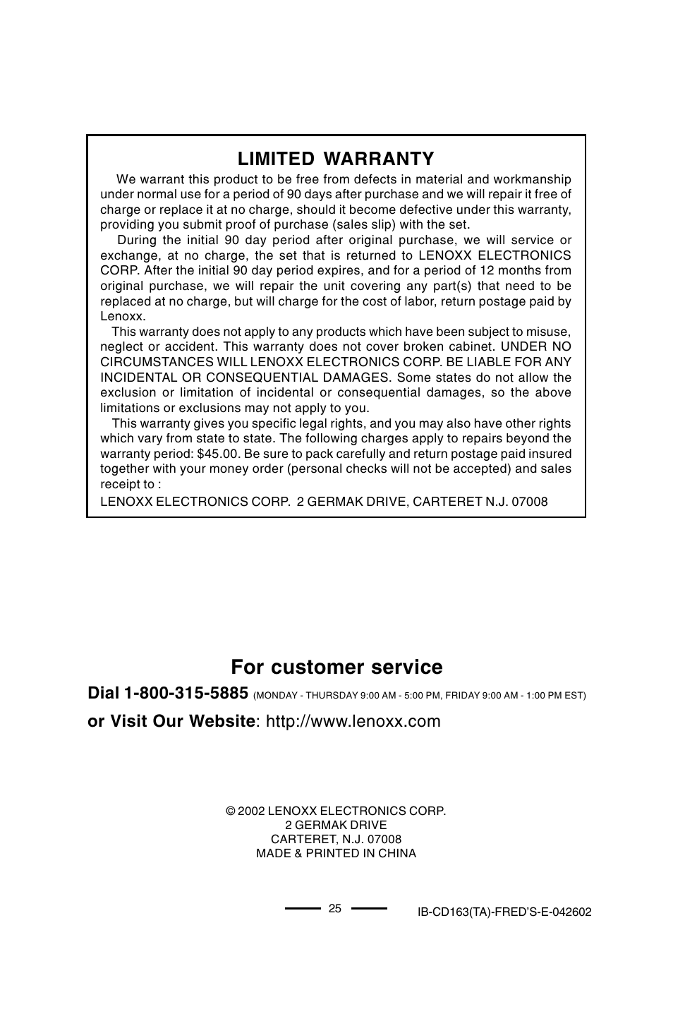 For customer service, Limited warranty | Lenoxx Electronics CD-163 User Manual | Page 26 / 26