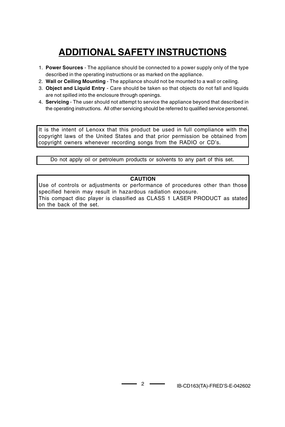 Additional safety instructions | Lenoxx Electronics CD-163 User Manual | Page 3 / 26