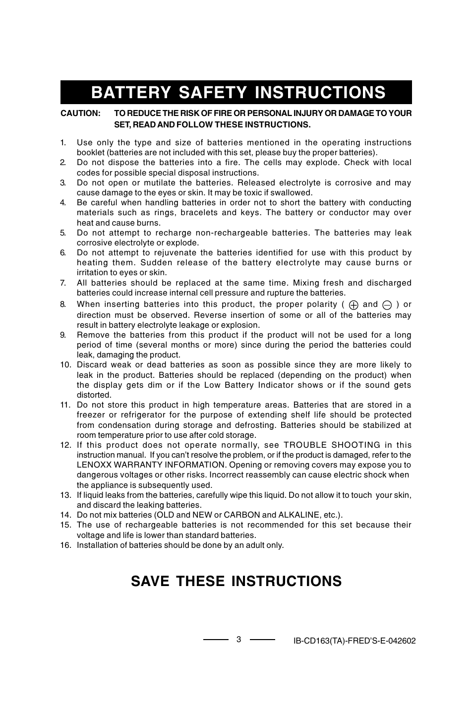 Battery safety instructions, Save these instructions | Lenoxx Electronics CD-163 User Manual | Page 4 / 26