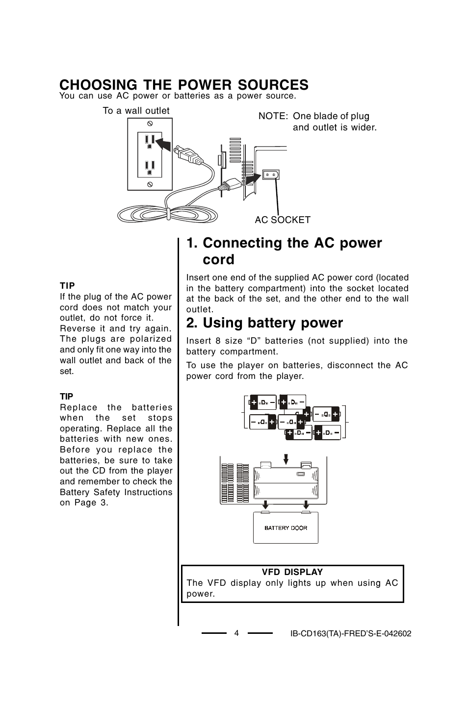 Choosing the power sources, Connecting the ac power cord, Using battery power | Lenoxx Electronics CD-163 User Manual | Page 5 / 26