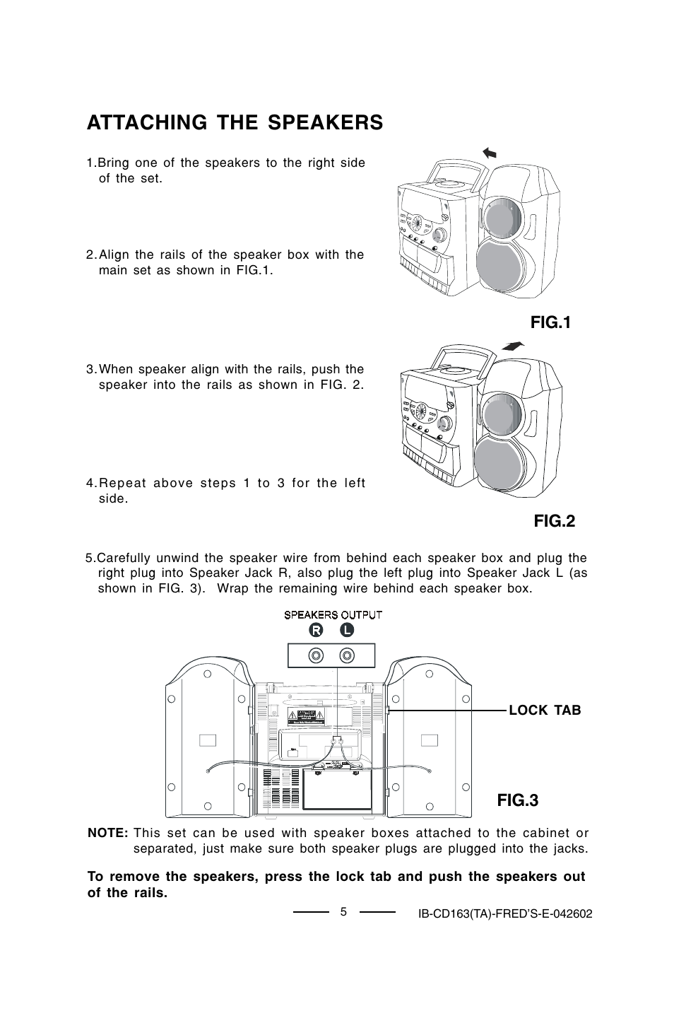 Attaching the speakers, Fig.1 fig.2 fig.3 | Lenoxx Electronics CD-163 User Manual | Page 6 / 26