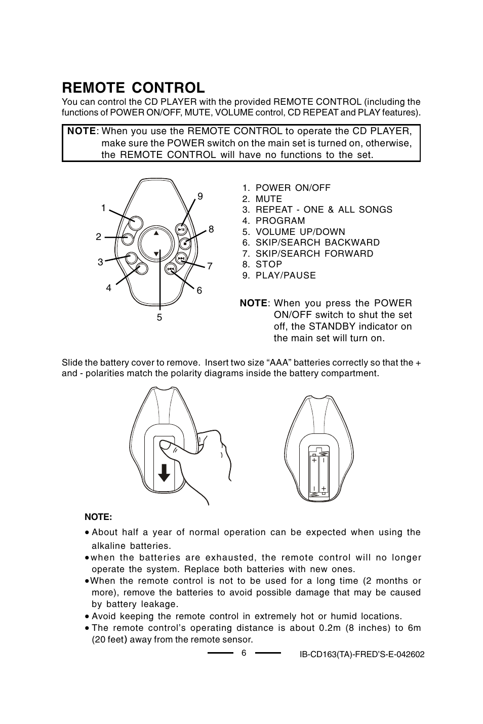 Remote control | Lenoxx Electronics CD-163 User Manual | Page 7 / 26