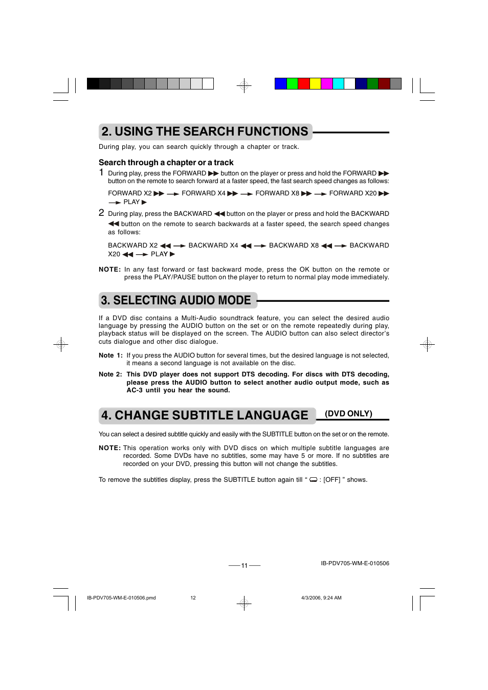 Using the search functions, Selecting audio mode, Change subtitle language | Lenoxx Electronics PDV-705 User Manual | Page 12 / 30