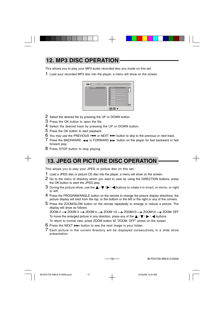 Jpeg or picture disc operation, Mp3 disc operation | Lenoxx Electronics PDV-705 User Manual | Page 17 / 30
