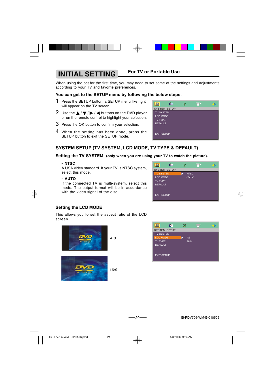 Initial setting, For tv or portable use | Lenoxx Electronics PDV-705 User Manual | Page 21 / 30