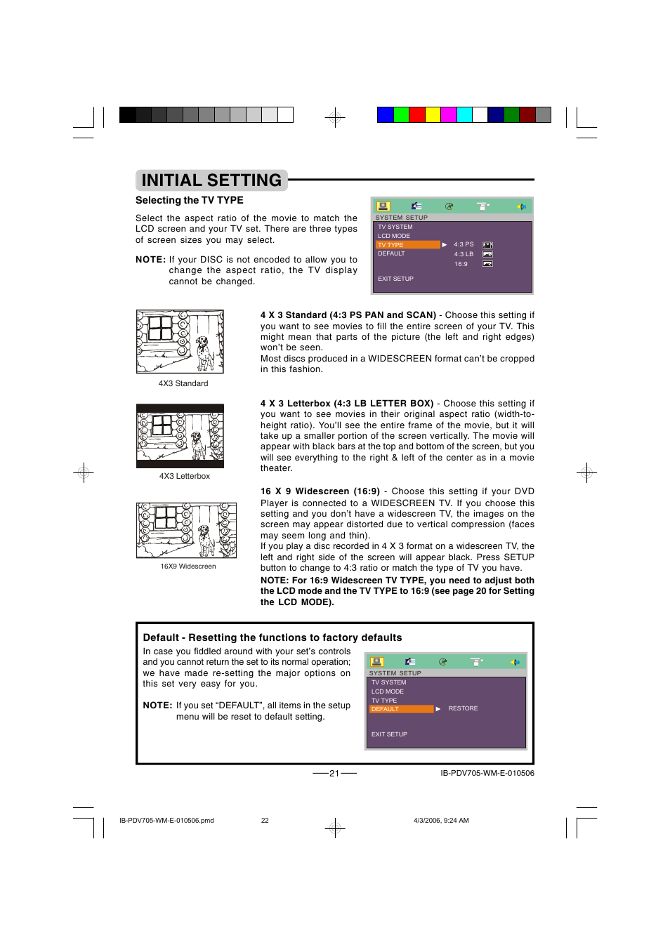 Initial setting | Lenoxx Electronics PDV-705 User Manual | Page 22 / 30