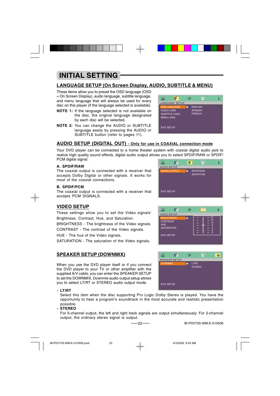 Initial setting, Audio setup (digital out), Speaker setup (downmix) | Video setup | Lenoxx Electronics PDV-705 User Manual | Page 23 / 30