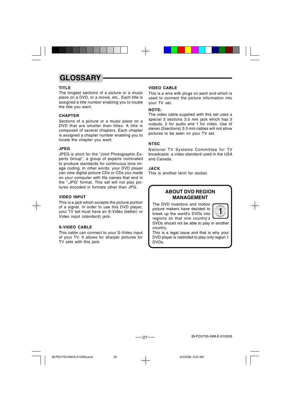 Glossary, About dvd region management | Lenoxx Electronics PDV-705 User Manual | Page 28 / 30