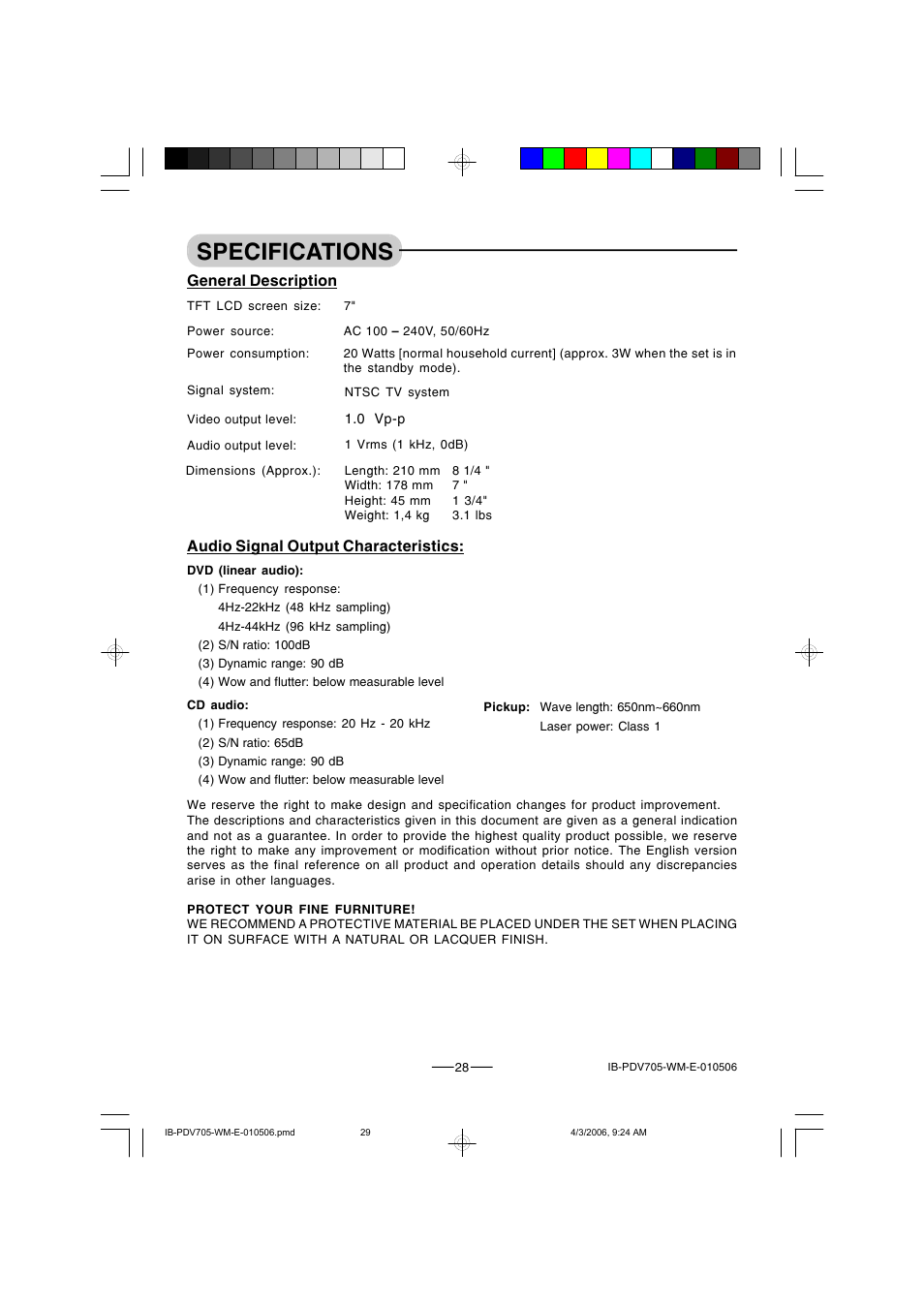 Specifications, Audio signal output characteristics, General description | Lenoxx Electronics PDV-705 User Manual | Page 29 / 30