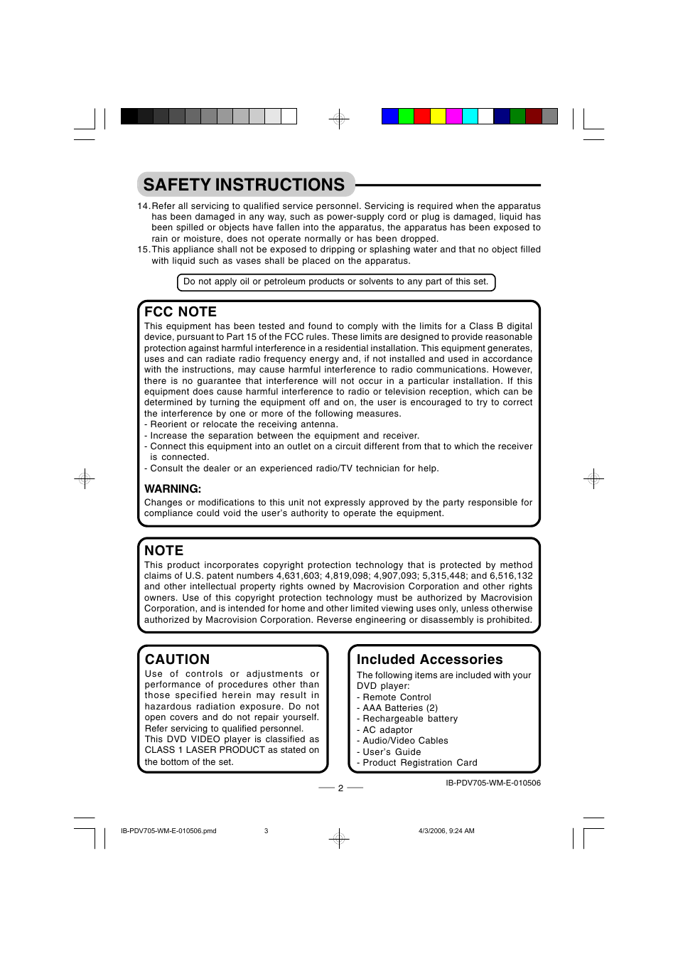 Safety instructions, Caution, Included accessories | Lenoxx Electronics PDV-705 User Manual | Page 3 / 30
