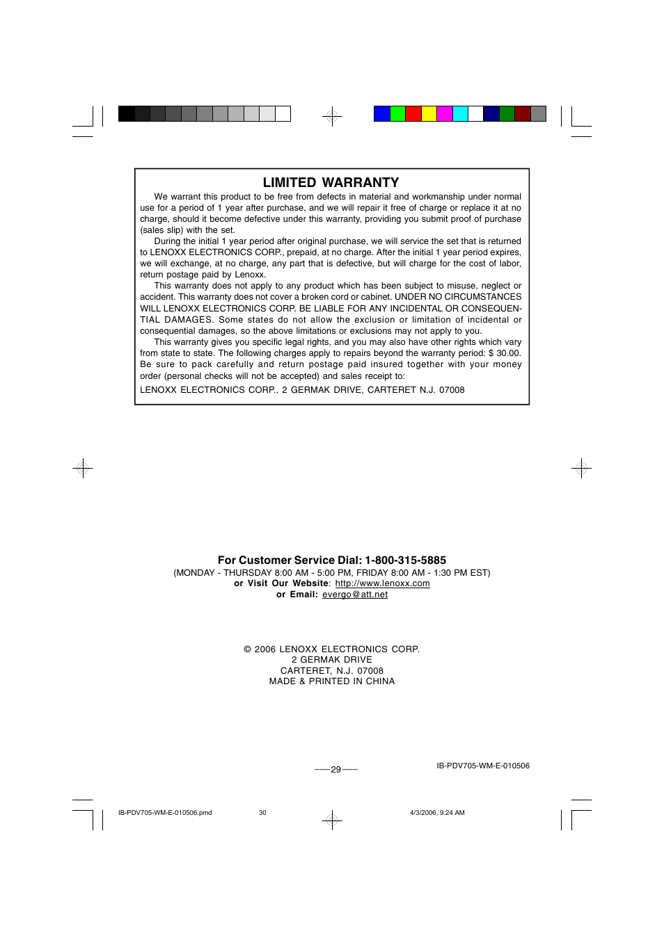 Limited warranty | Lenoxx Electronics PDV-705 User Manual | Page 30 / 30