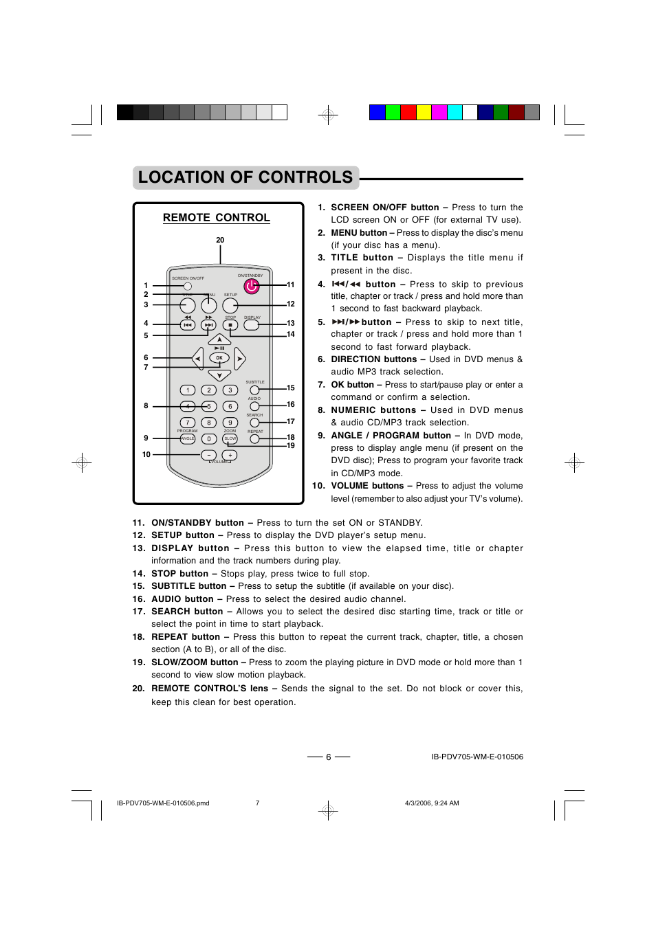 Location of controls, Remote control | Lenoxx Electronics PDV-705 User Manual | Page 7 / 30