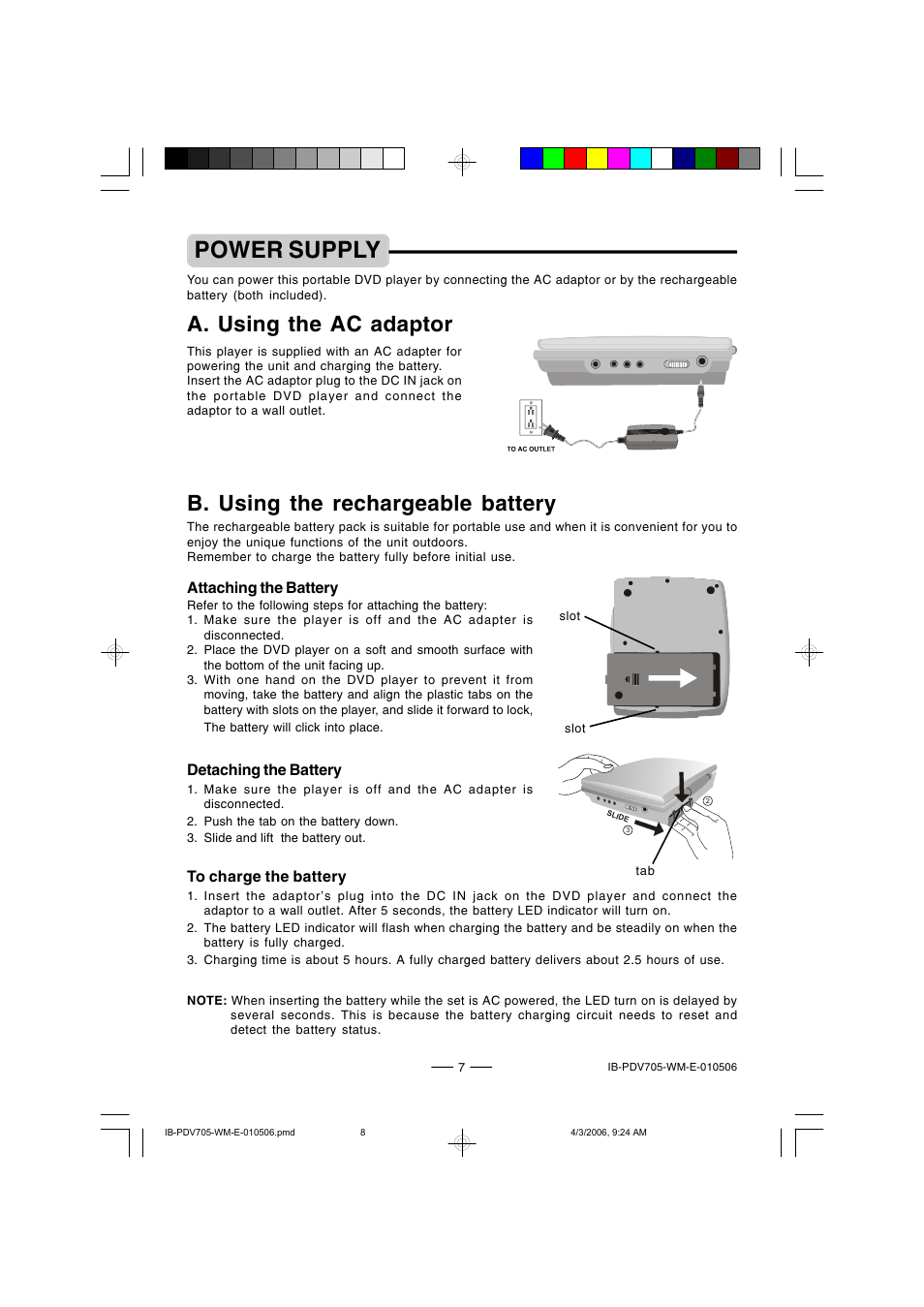 Power supply, B. using the rechargeable battery, A. using the ac adaptor | Attaching the battery, Detaching the battery | Lenoxx Electronics PDV-705 User Manual | Page 8 / 30