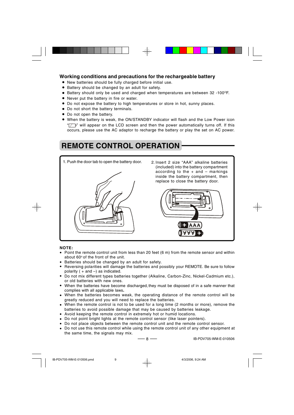 Remote control operation | Lenoxx Electronics PDV-705 User Manual | Page 9 / 30