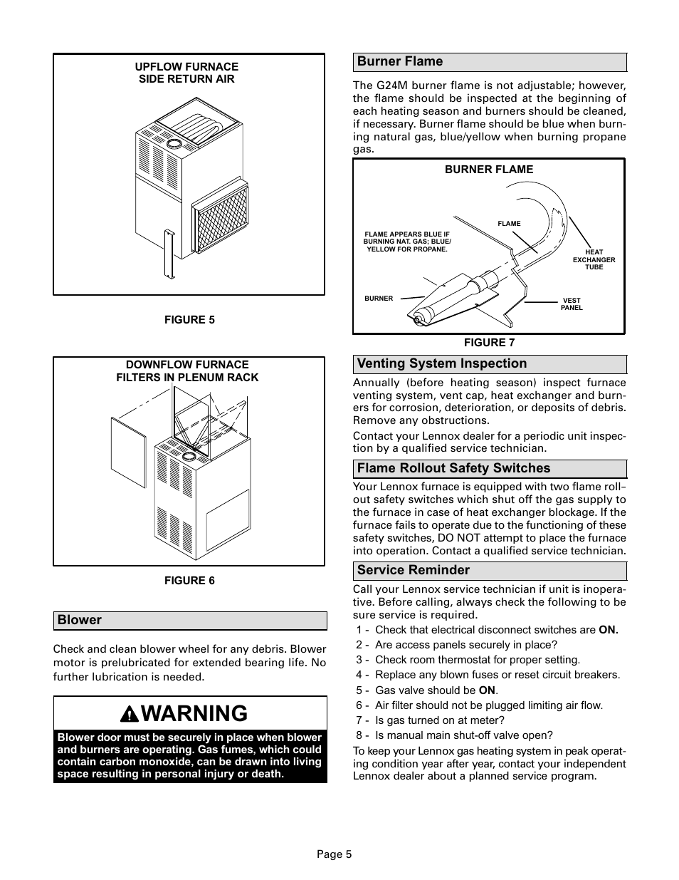 Warning, Blower, Burner flame | Venting system inspection, Flame rollout safety switches, Service reminder | Lenoxx Electronics G24M Series User Manual | Page 5 / 6