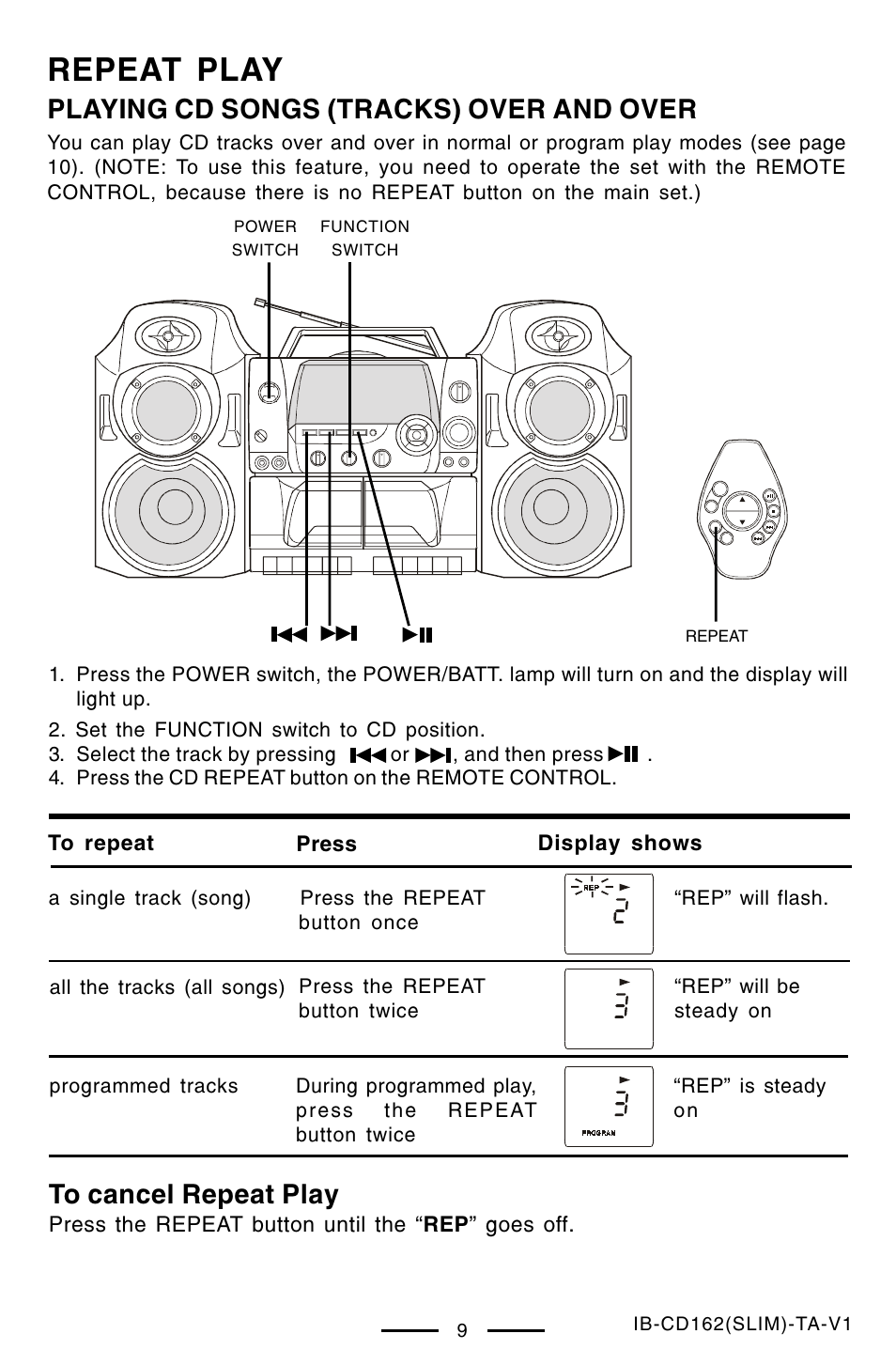 Repeat play, Playing cd songs (tracks) over and over | Lenoxx Electronics CD-162 User Manual | Page 10 / 26