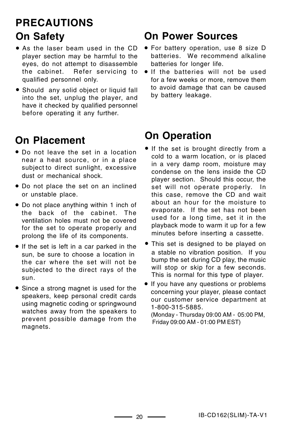 Precautions on safety, On power sources, On operation | On placement | Lenoxx Electronics CD-162 User Manual | Page 21 / 26