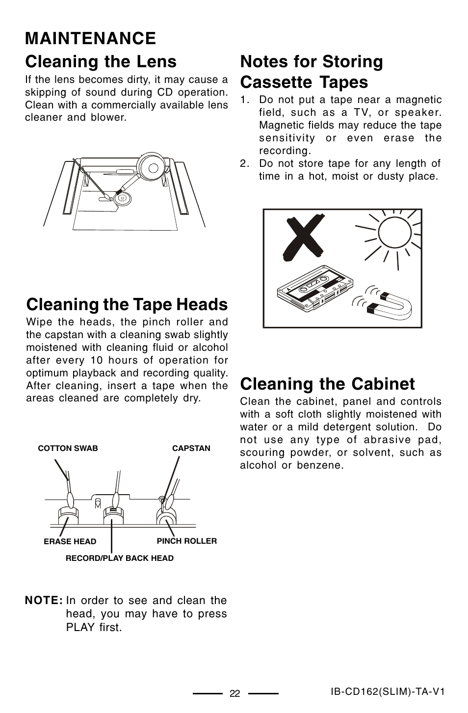 Maintenance cleaning the lens, Cleaning the tape heads, Cleaning the cabinet | Lenoxx Electronics CD-162 User Manual | Page 23 / 26