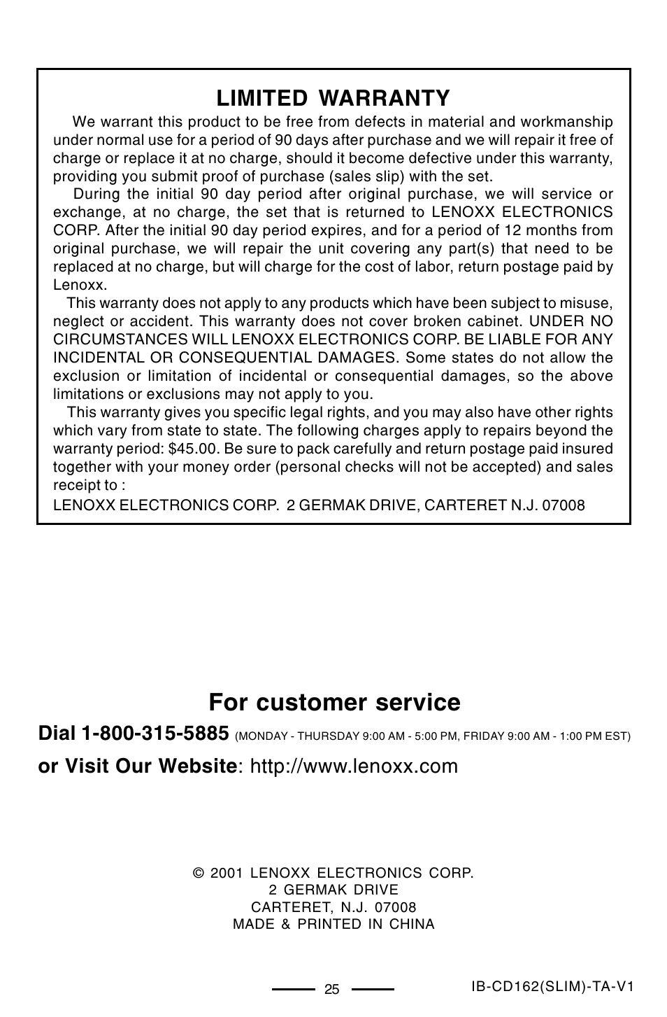 For customer service, Limited warranty | Lenoxx Electronics CD-162 User Manual | Page 26 / 26