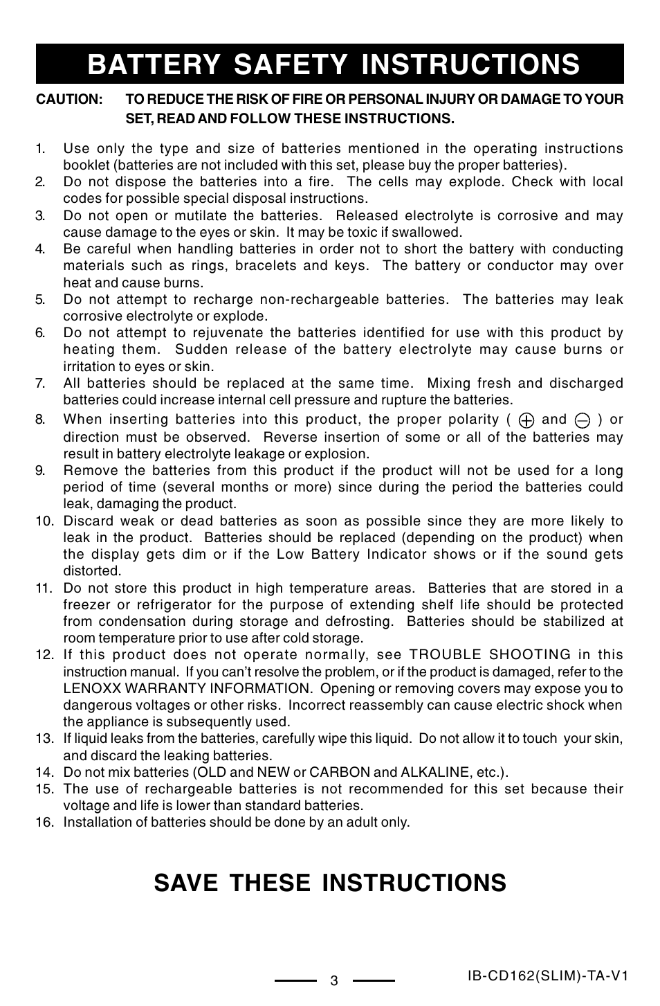 Battery safety instructions, Save these instructions | Lenoxx Electronics CD-162 User Manual | Page 4 / 26