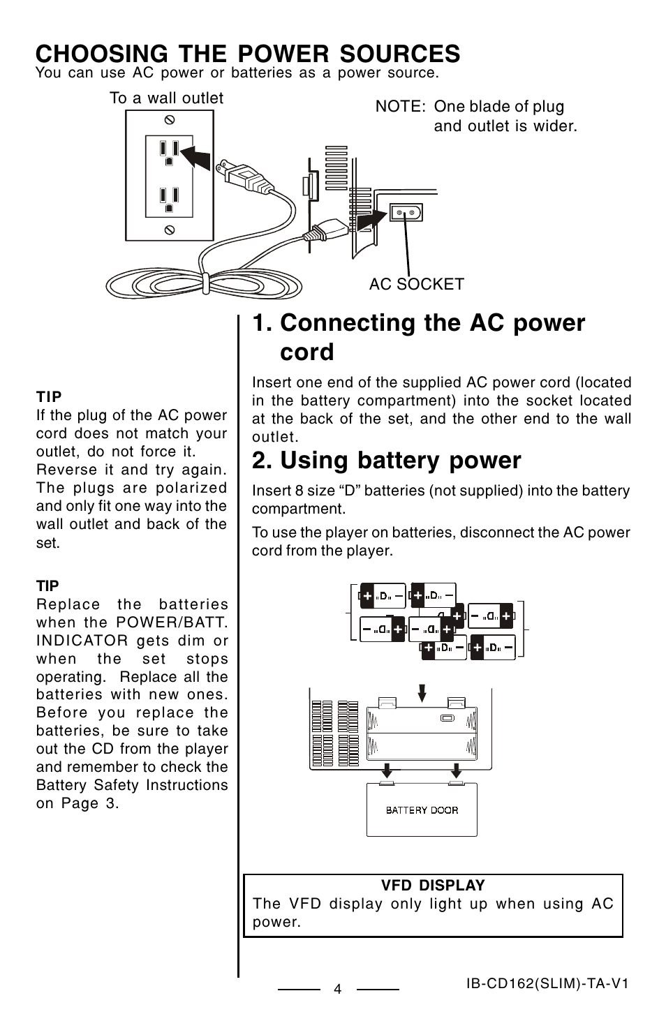 Choosing the power sources, Connecting the ac power cord, Using battery power | Lenoxx Electronics CD-162 User Manual | Page 5 / 26