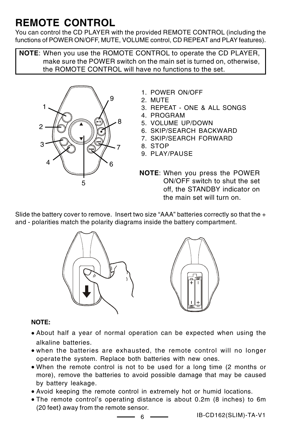 Remote control | Lenoxx Electronics CD-162 User Manual | Page 7 / 26