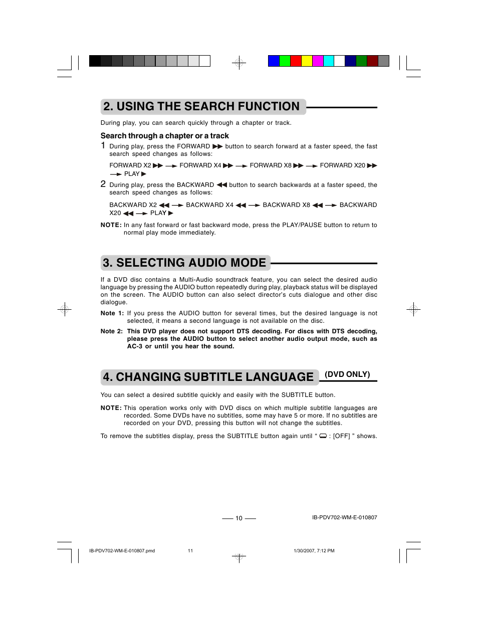 Using the search function, Selecting audio mode, Changing subtitle language | Lenoxx Electronics PDV-702 User Manual | Page 11 / 28