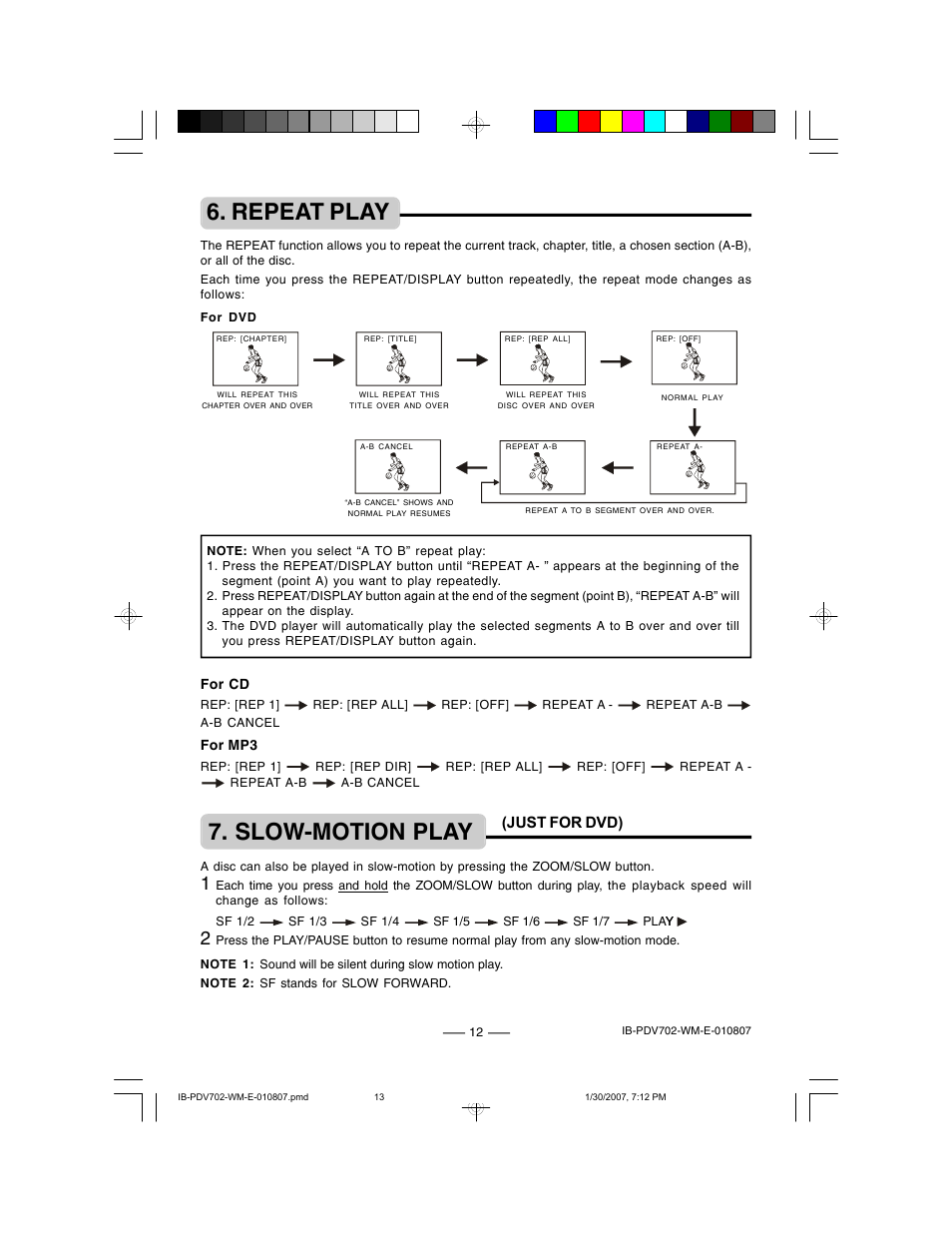 Repeat play, Slow-motion play, Just for dvd) | Lenoxx Electronics PDV-702 User Manual | Page 13 / 28