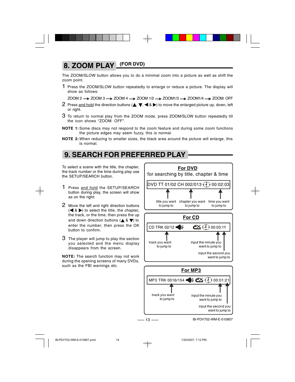 Search for preferred play, Zoom play | Lenoxx Electronics PDV-702 User Manual | Page 14 / 28