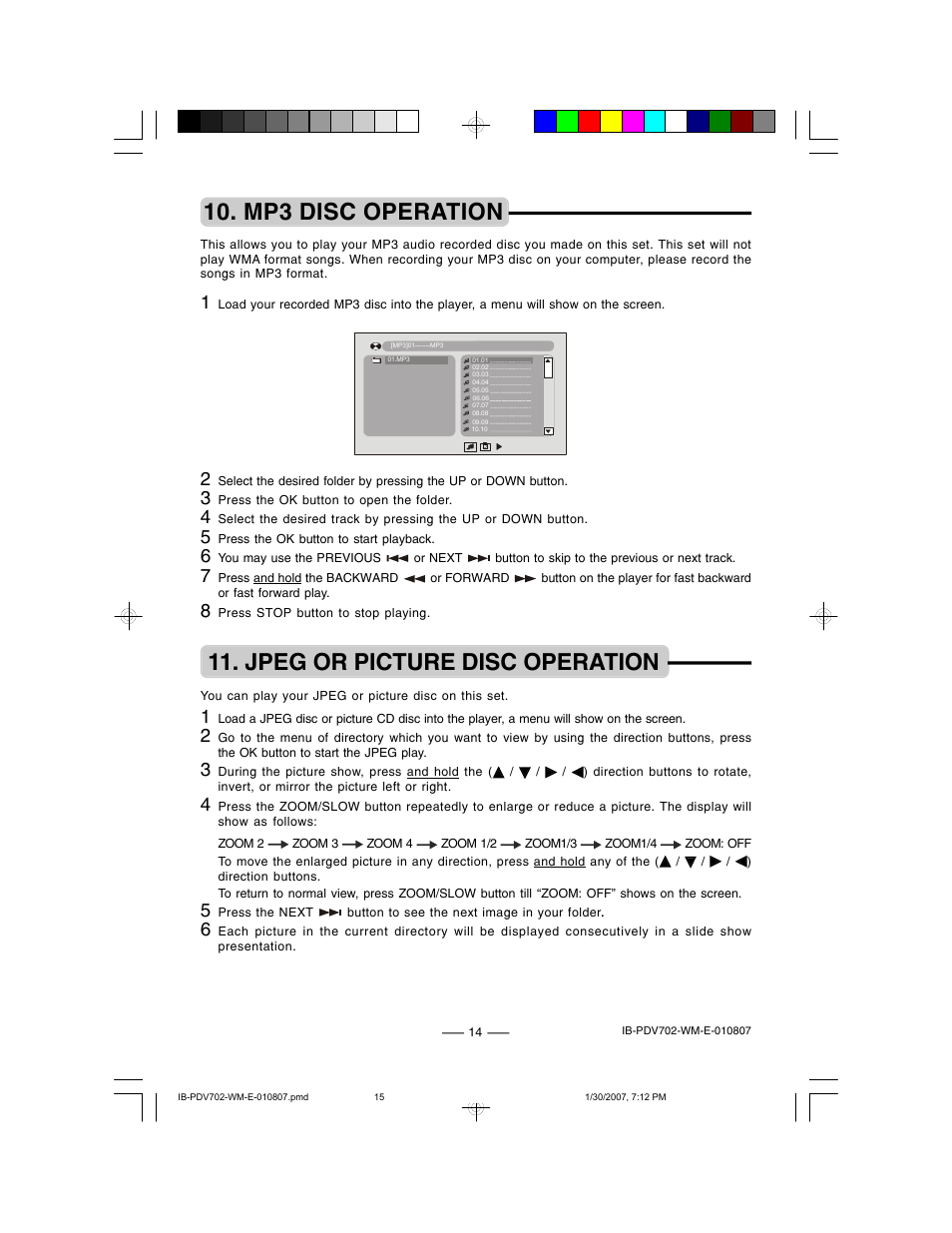 Jpeg or picture disc operation, Mp3 disc operation | Lenoxx Electronics PDV-702 User Manual | Page 15 / 28