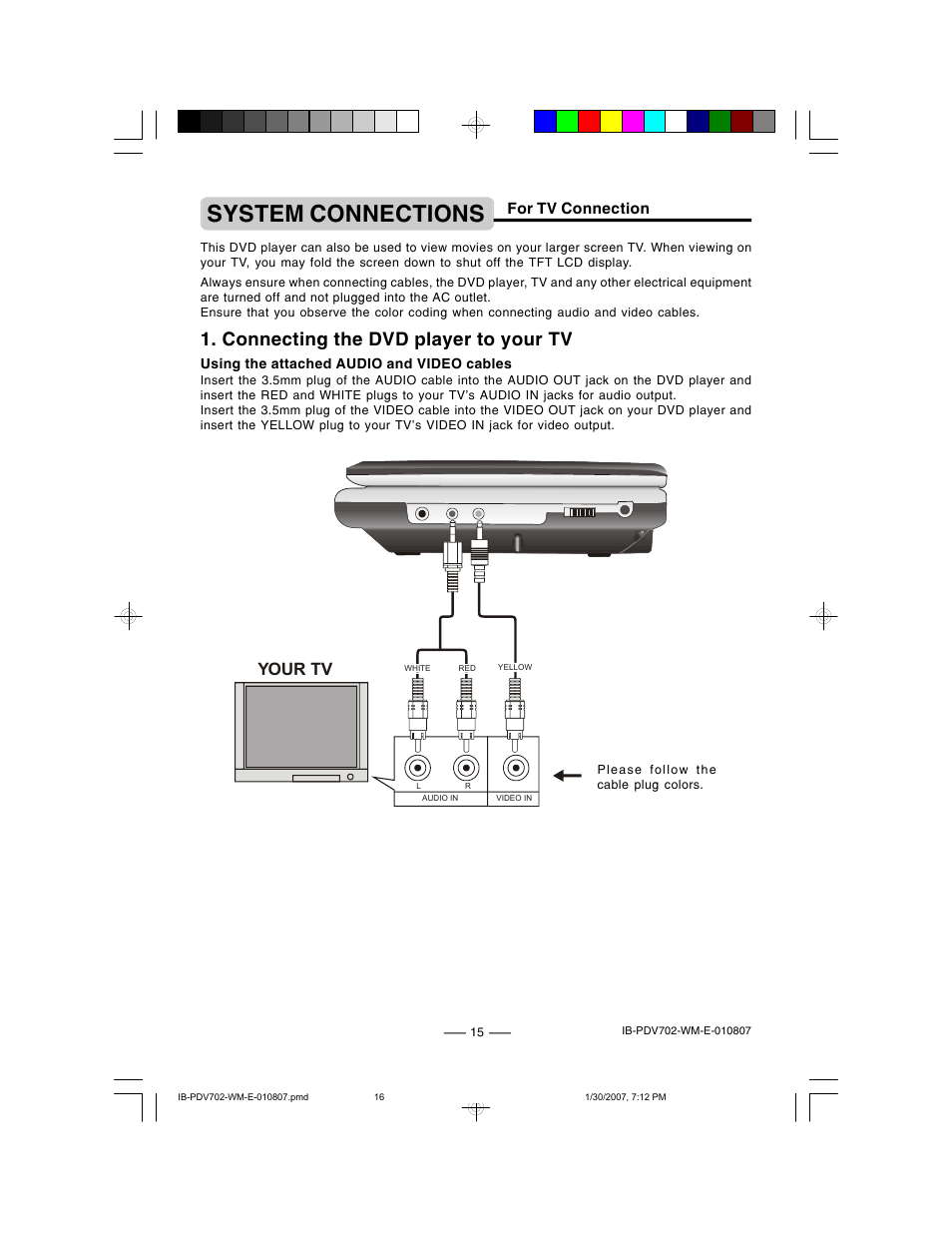System connections, Connecting the dvd player to your tv, Your tv | For tv connection | Lenoxx Electronics PDV-702 User Manual | Page 16 / 28